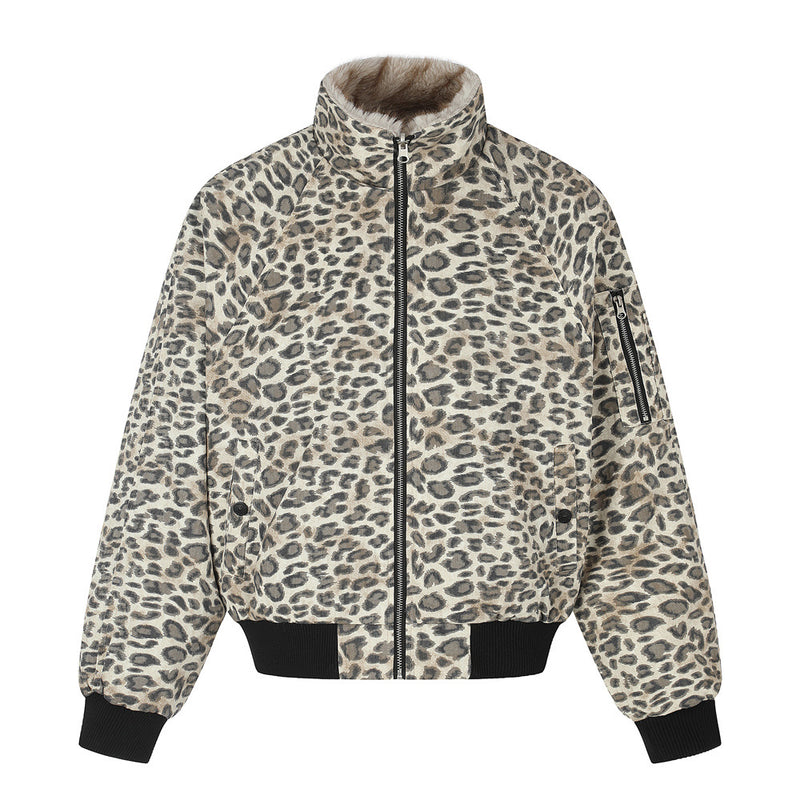 Reversible Faux Fur Leopard Print Bomber Jacket – Men's Oversized Stand Collar