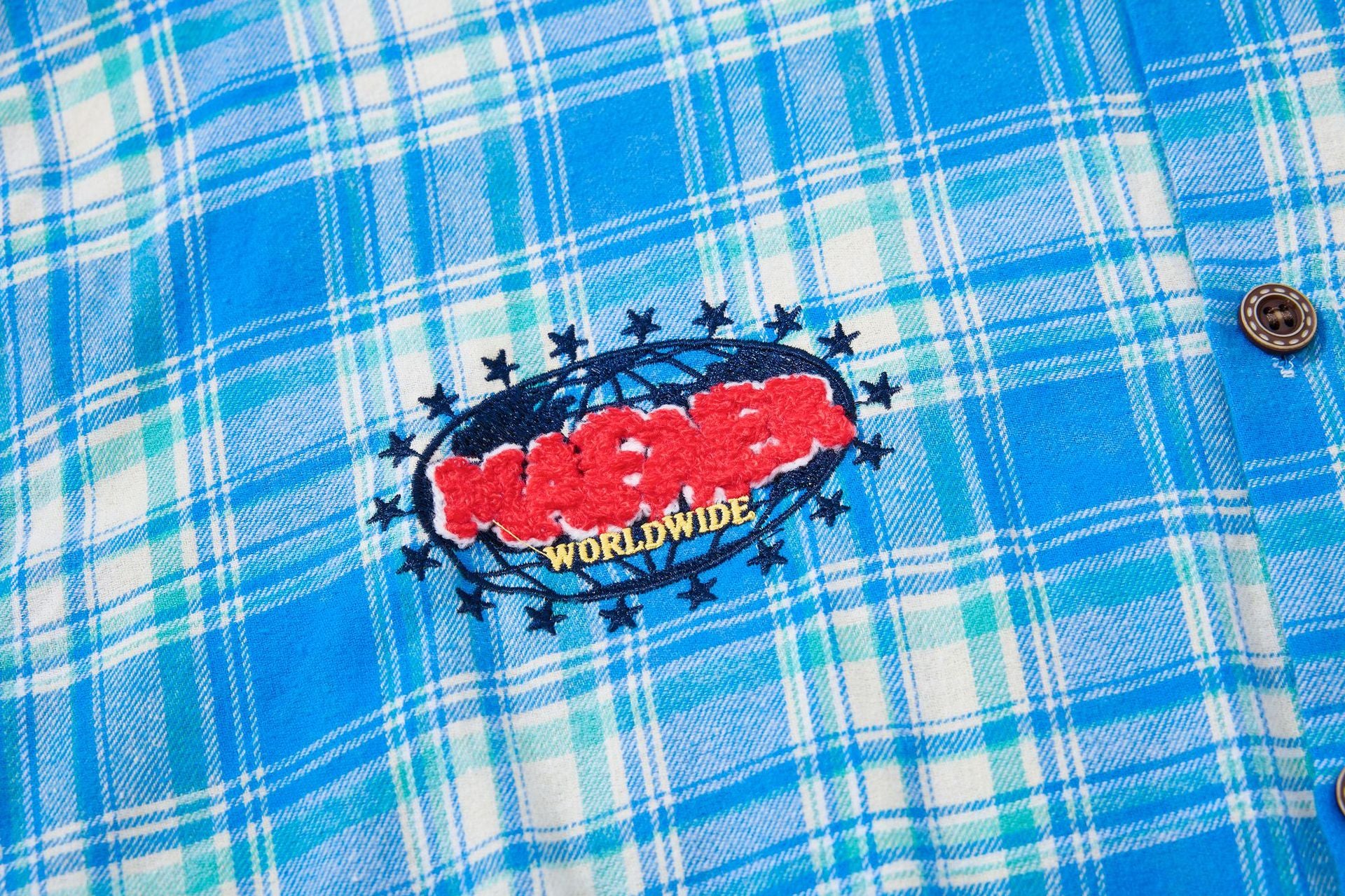 Plaid Flannel Shirt Jacket with Vintage Cartoon Embroidery – Washed Oversized