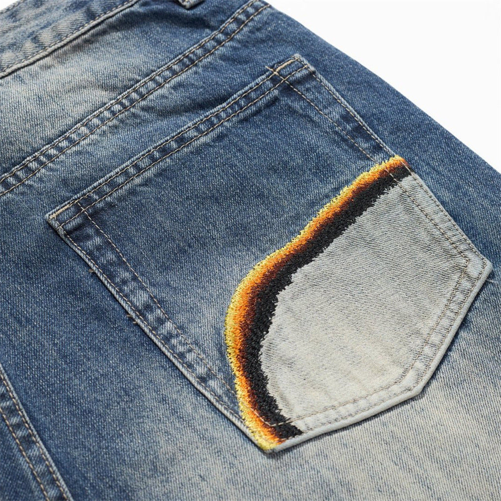 Men's Baggy Straight-Leg Jeans with Embroidered Patch Detail – Distressed Blue