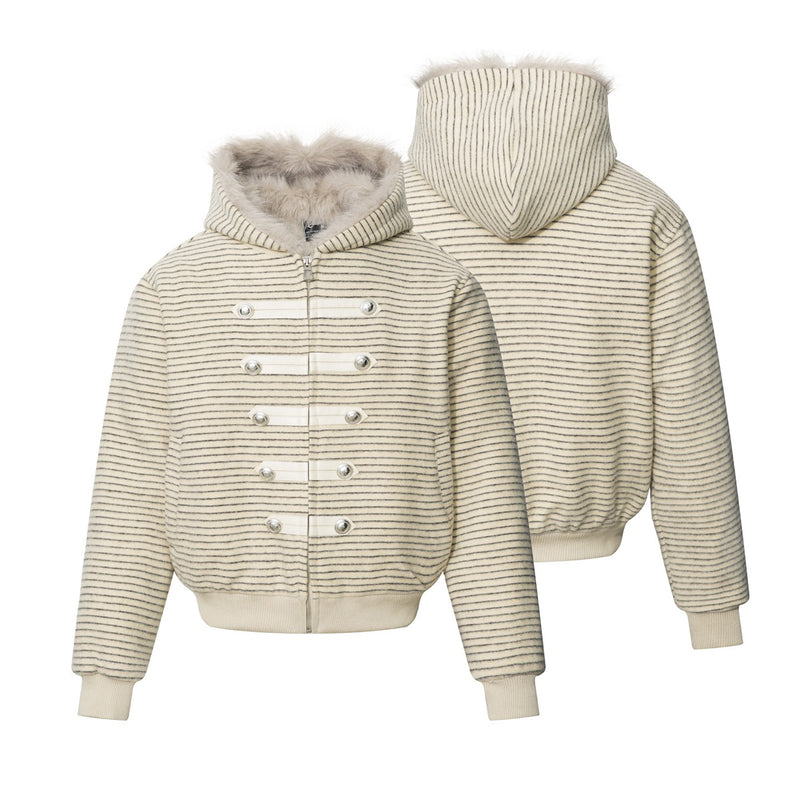 Striped Faux-Fur Hooded Zip-Up Bomber Jacket with Military Button Placket
