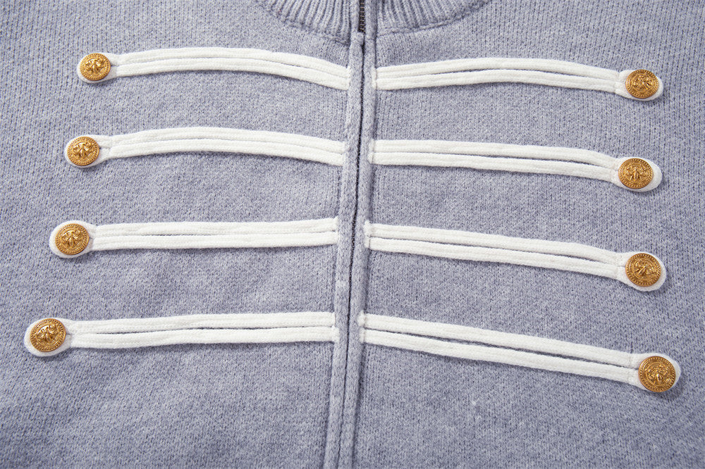 Cardigan zippé en maille à galons militaires – Col montant oversize avec