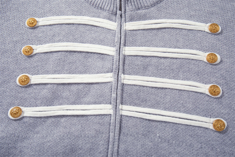 Cardigan zippé en maille à galons militaires – Col montant oversize avec