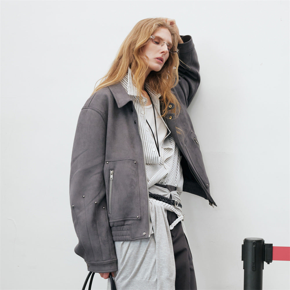 Men's Oversized Bomber Jacket – Grey Suede-Touch Fabric with Stud Details & Zip