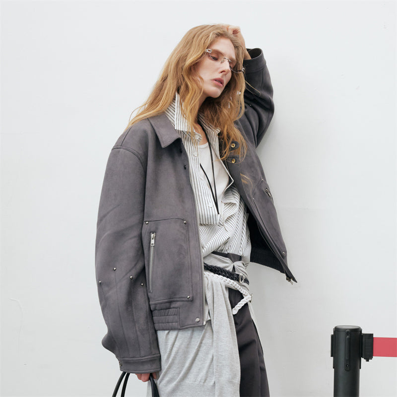 Men's Oversized Bomber Jacket – Grey Suede-Touch Fabric with Stud Details & Zip