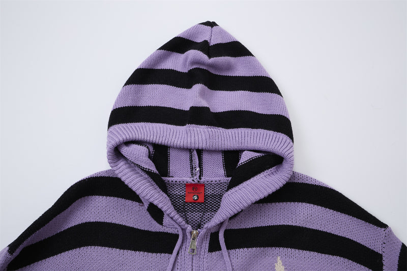 Striped Four-Point Star Jacquard Knit Zip-Up Hoodie Sweater