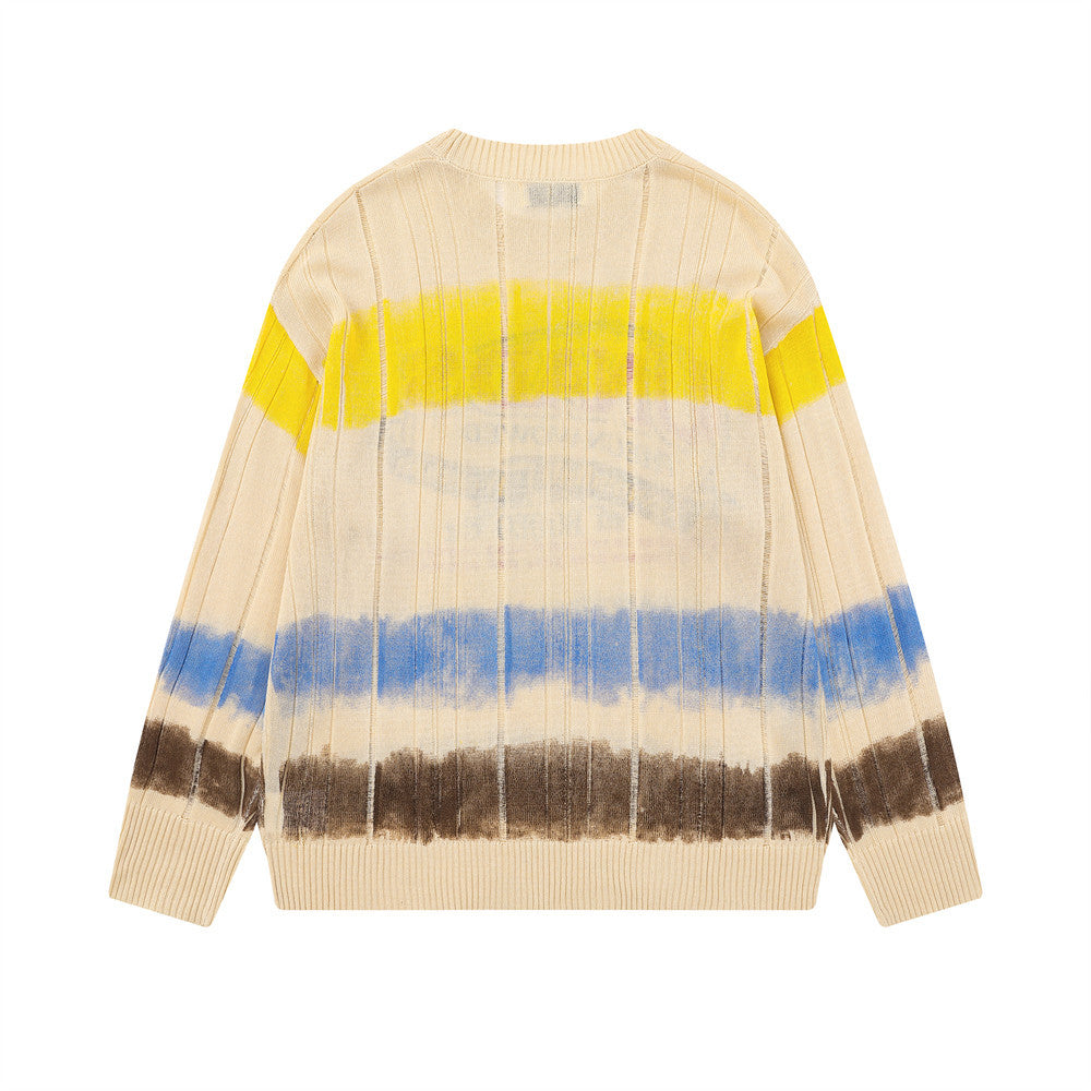 Pull ras-du-cou homme – Maille côtelée rayée tie-dye avec imprimé graphique
