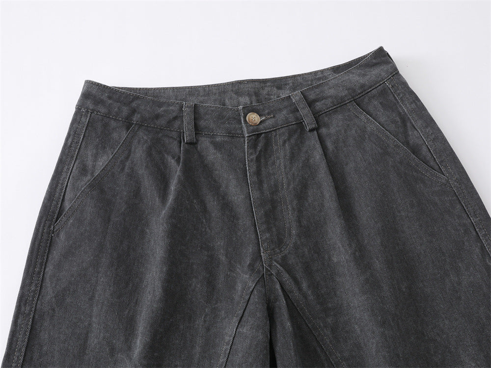 Wide-Leg Washed Denim Jeans – Relaxed High-Street Pleated Trousers