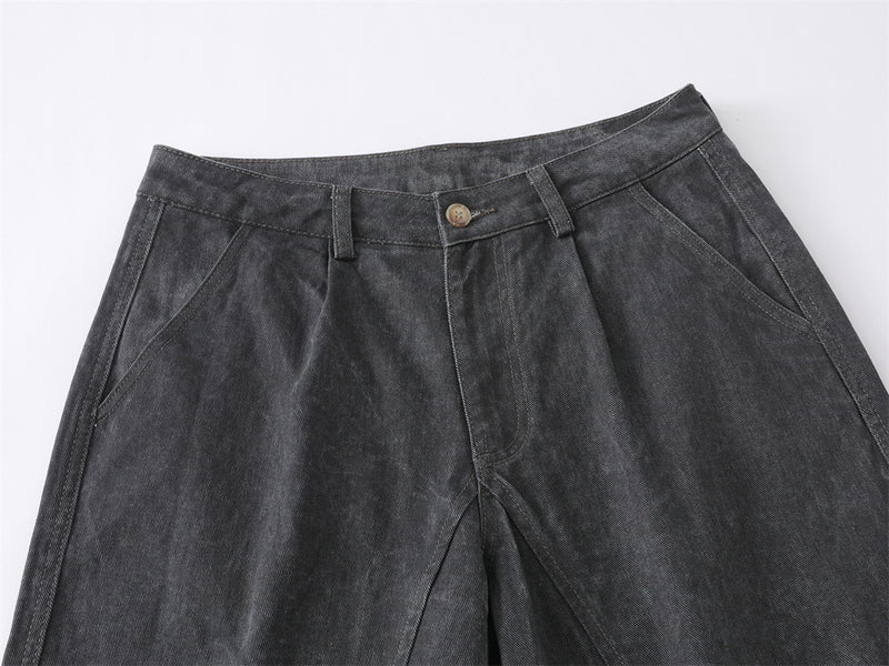 Wide-Leg Washed Denim Jeans – Relaxed High-Street Pleated Trousers