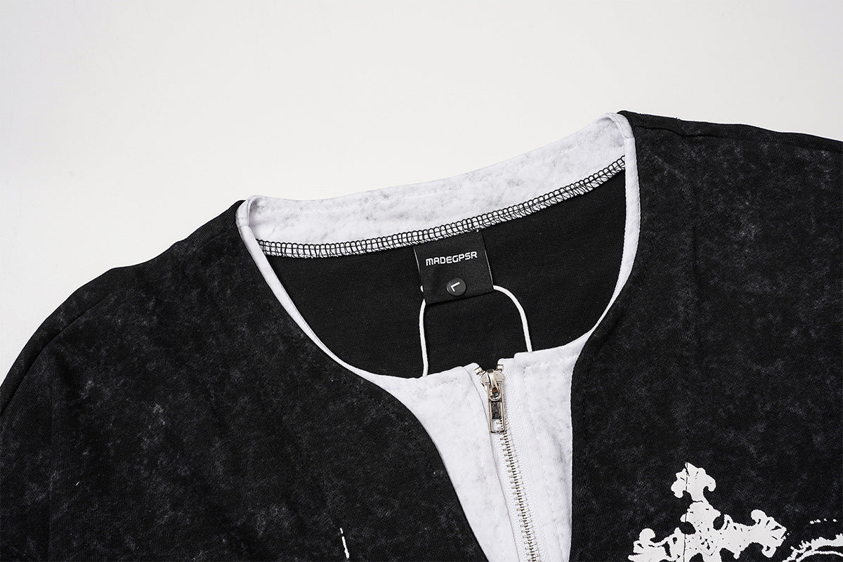 Gothic Graphic Long Sleeve Shirt – Oversized Religious Print, Zip Neckline