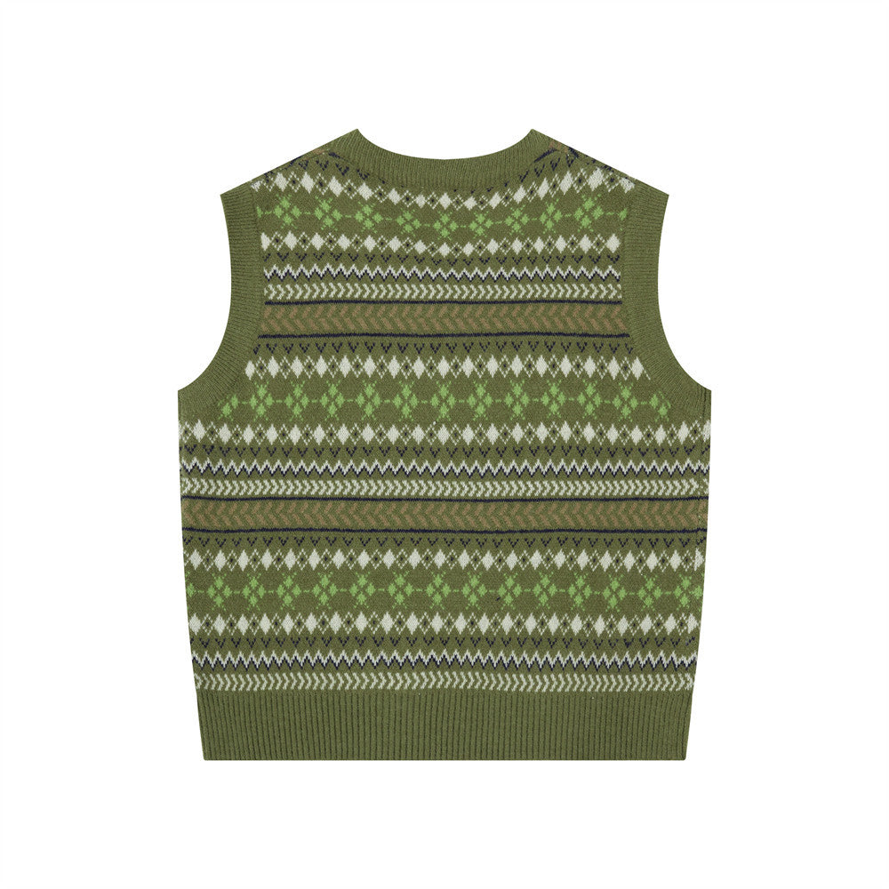 V-Neck Sweater Vest Fair Isle Jacquard Knit Sleeveless Pullover