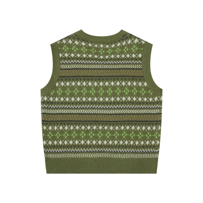 V-Neck Sweater Vest Fair Isle Jacquard Knit Sleeveless Pullover