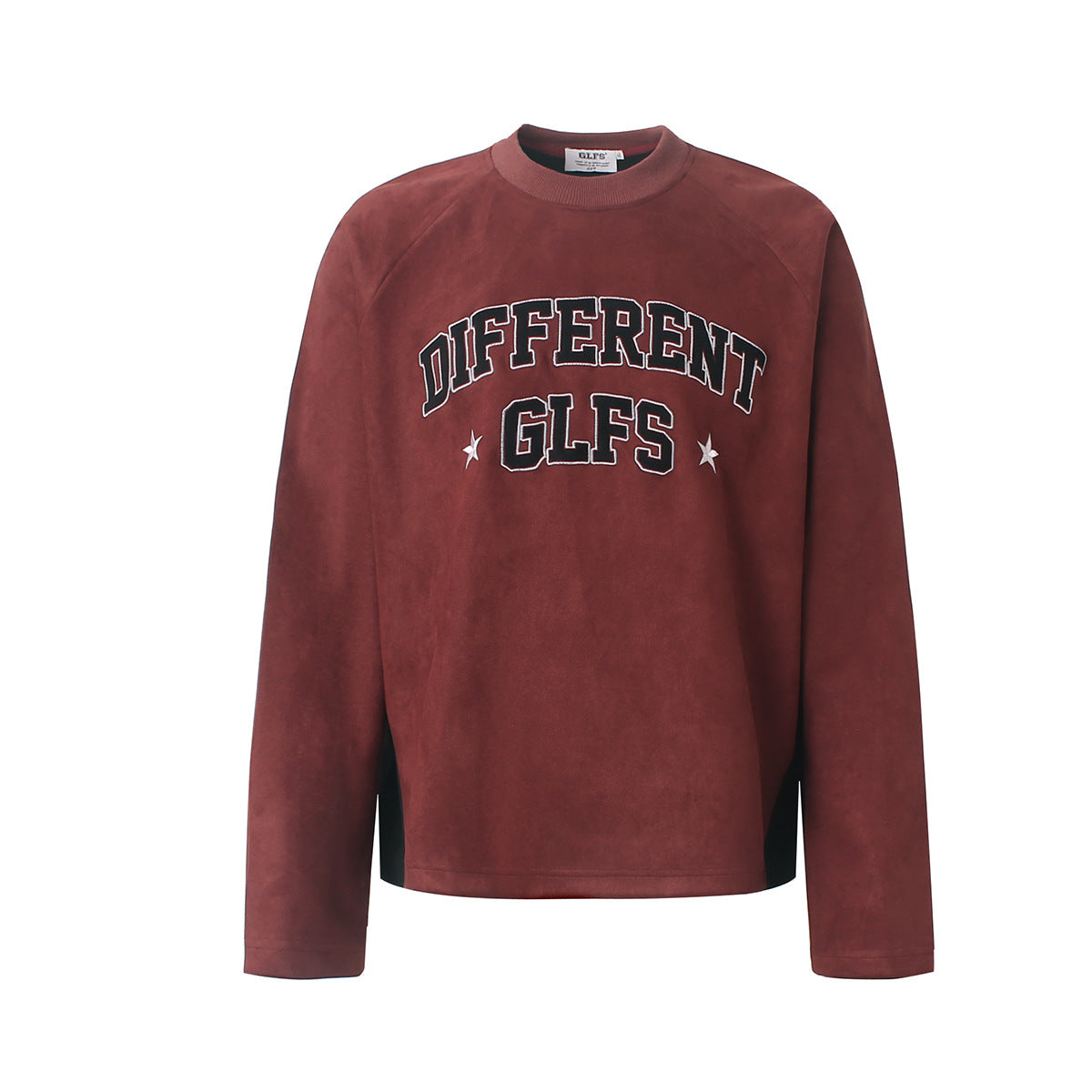 GLFS Different Langarmshirt mit bogenförmigem College-Schriftzug, Wildlederoptik und Grafik in Burgunderrot mit kontrastierenden schwarzen Einsätzen