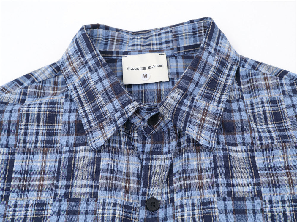 Short Sleeve Shirt Men Patchwork Madras Plaid Oversized Button-Up