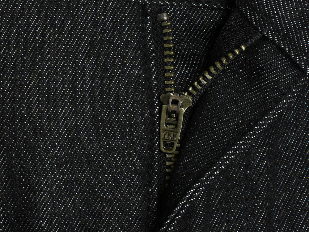 Jean en denim brut à double ceinture et jambes larges – Colorblock diagonal et broderie