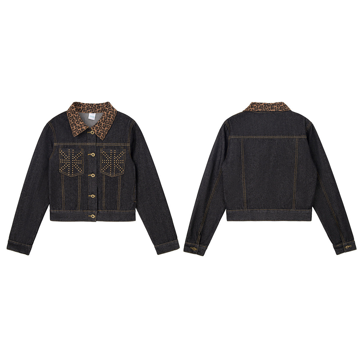 Veste en jean brut avec col léopard et poches à clous dorés