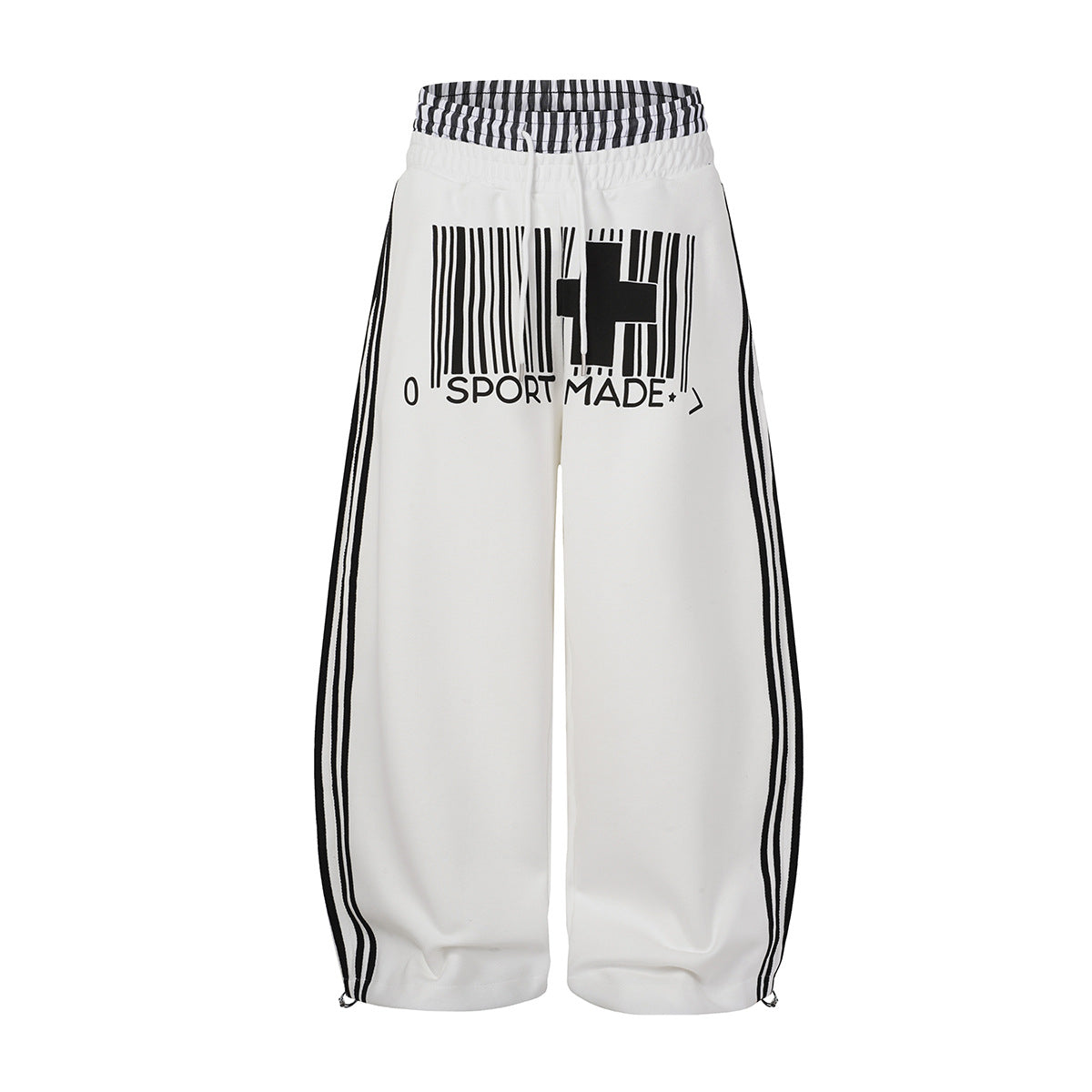 Wide-Leg Sweatpants with Barcode Cross Print & Double Waistband