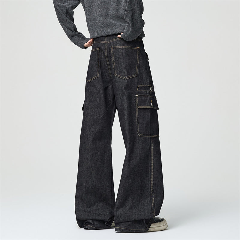 Men's Black Cargo Denim Jeans Wide-Leg Straight Fit with Large Pockets