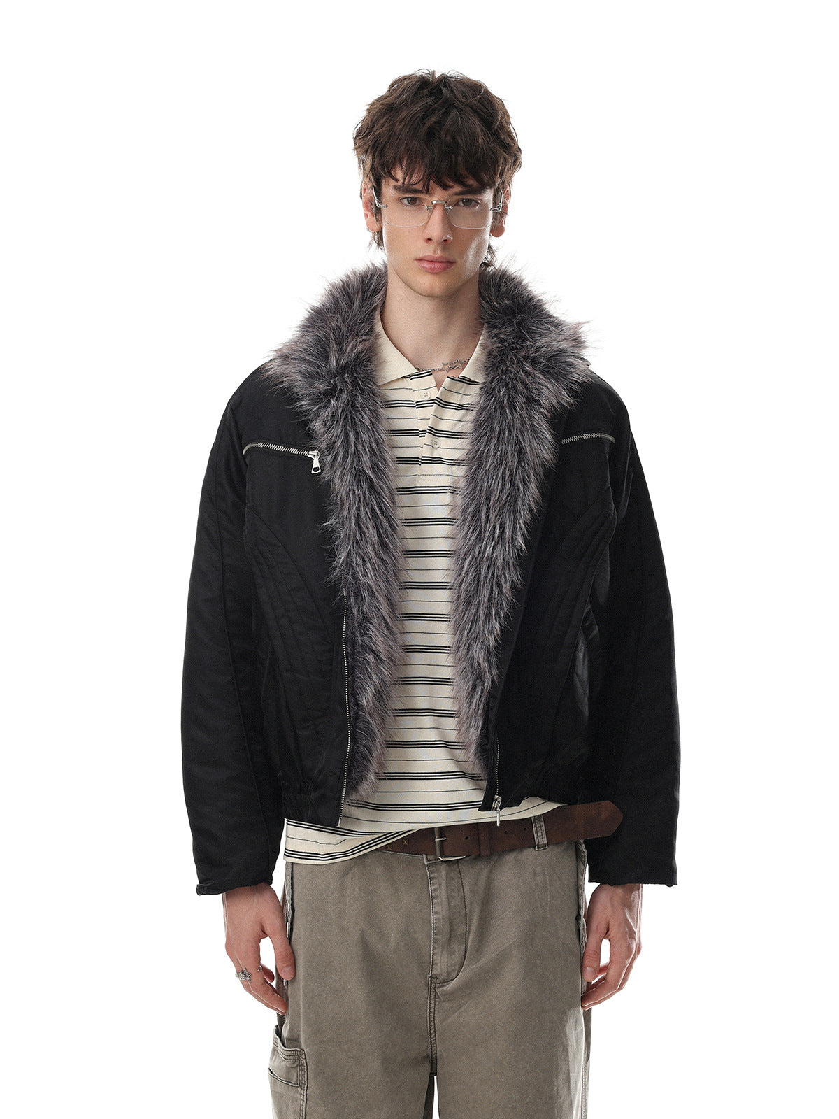 Quilted padded jacket with grey faux fur collar and deconstructed moto stitching, shown in black on male model