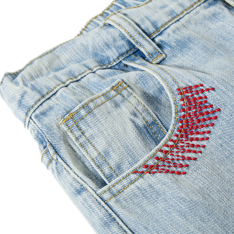 Wide-Leg Washed Denim Jeans with Cross Star Embroidery & Rhinestone Pocket