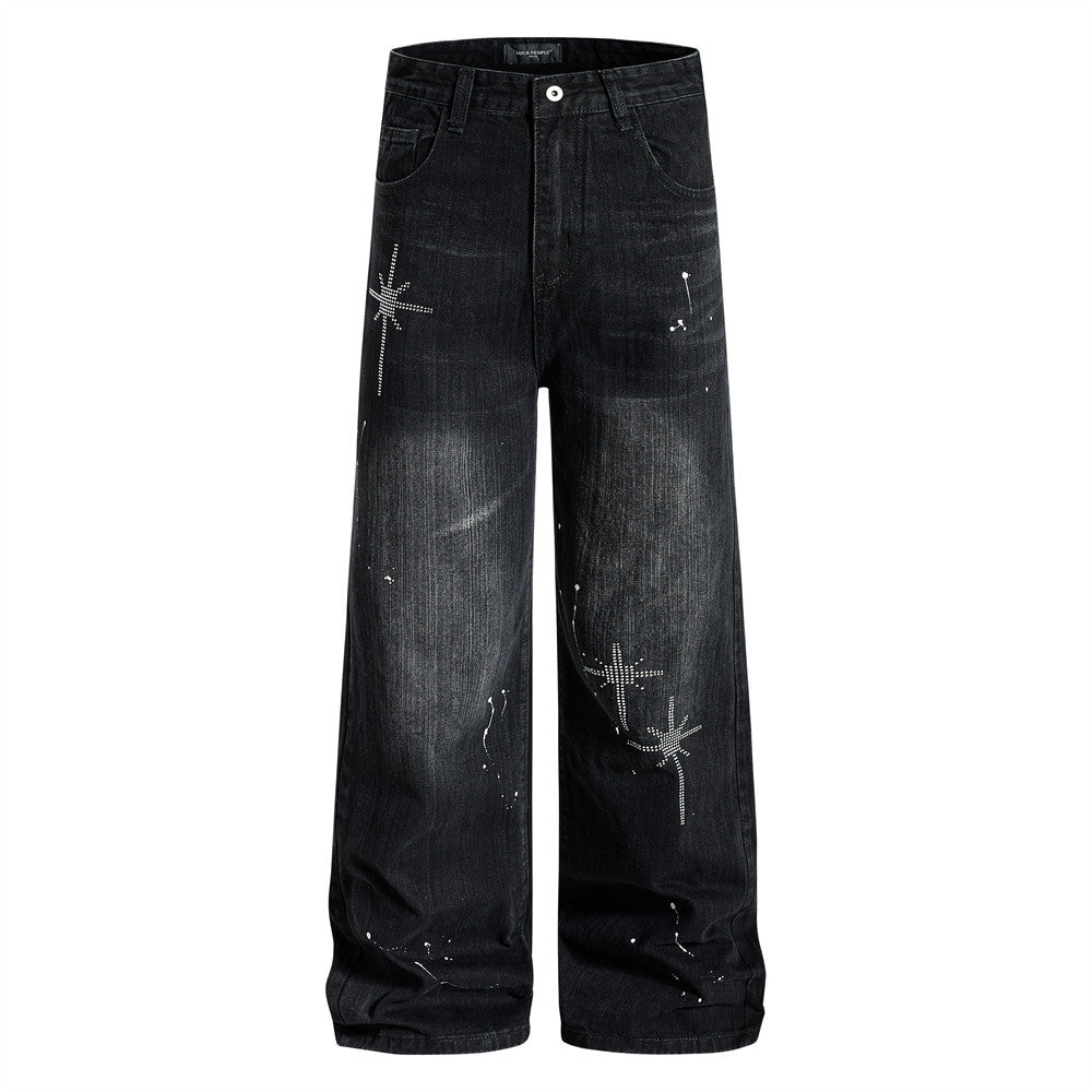 Wide-Leg Jeans Men – Washed Denim, Rhinestone Cross & Paint Splatter Detail