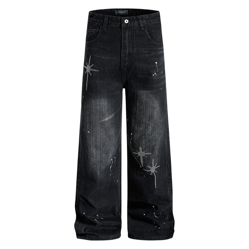 Wide-Leg Jeans Men – Washed Denim, Rhinestone Cross & Paint Splatter Detail