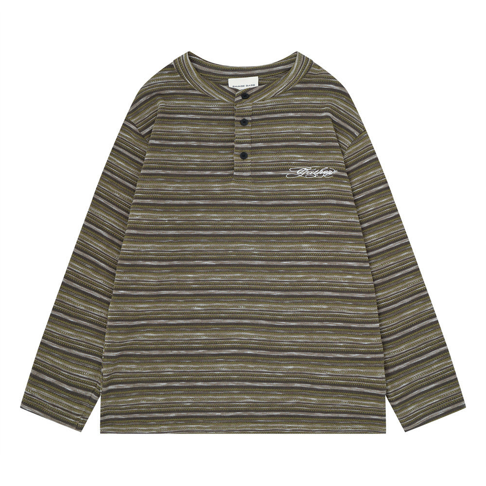 Chemise homme rayée à manches longues style Henley – Haut en maille à coupe décontractée avec boutons