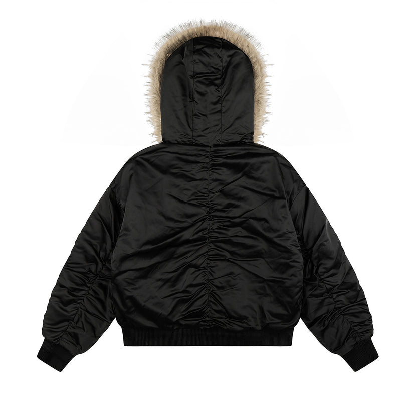 Leopard Print Fleece-Lined Bomber Jacket with Faux Fur Hood