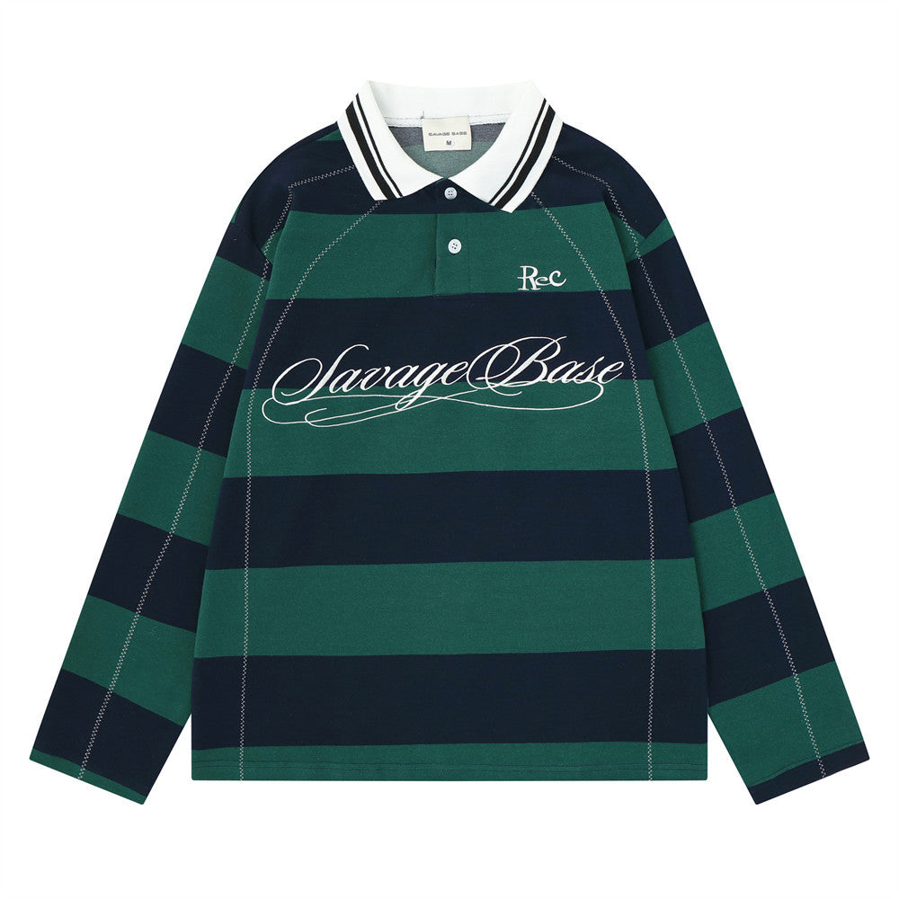 Men's Striped Long Sleeve Rugby Polo Shirt with Embroidered Logo