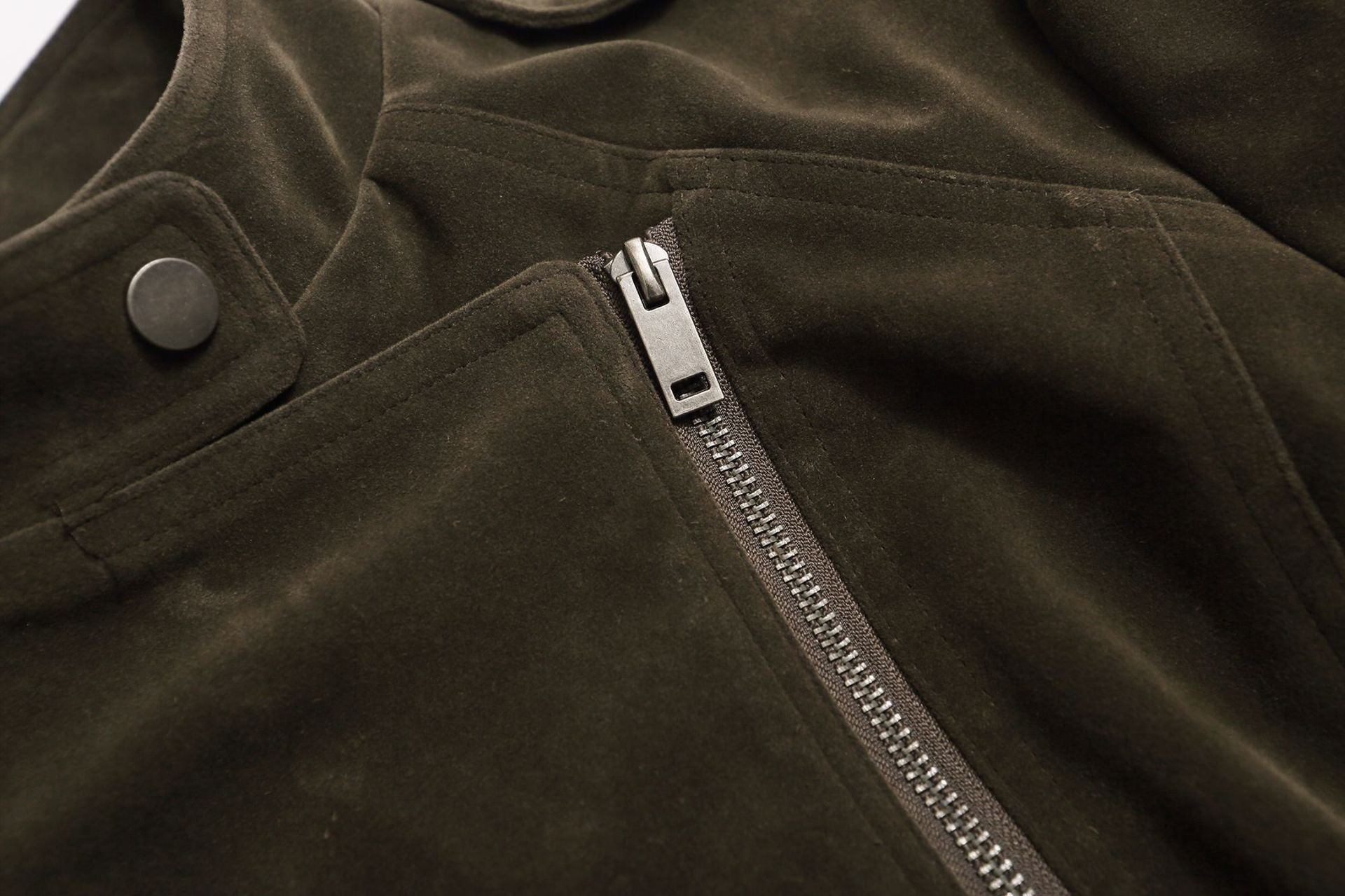 Suede Moto Biker Jacket – Cropped Stand Collar Asymmetric Zip