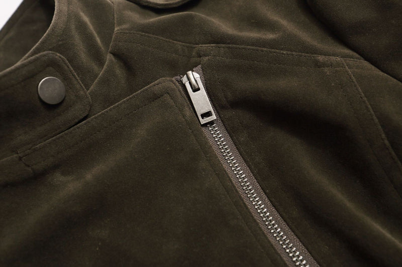 Suede Moto Biker Jacket – Cropped Stand Collar Asymmetric Zip