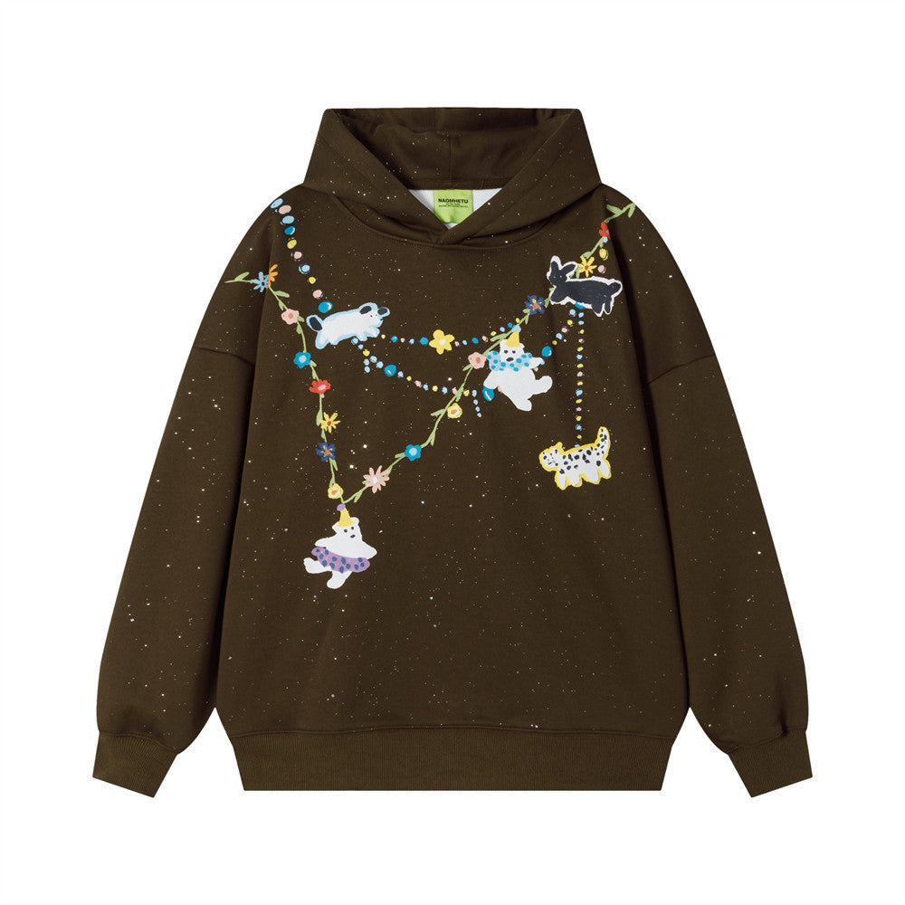 Cartoon Animal Chain Floral Graphic Oversized Hoodie – Inkjet Speckle Print