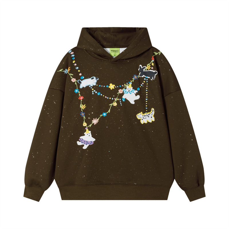 Cartoon Animal Chain Floral Graphic Oversized Hoodie – Inkjet Speckle Print