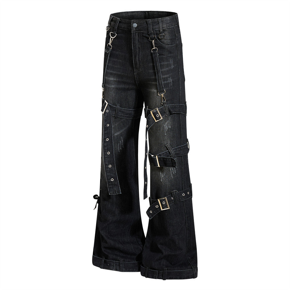 Gothic Buckle Strap Flare Jeans – Men's Washed Black Distressed Denim