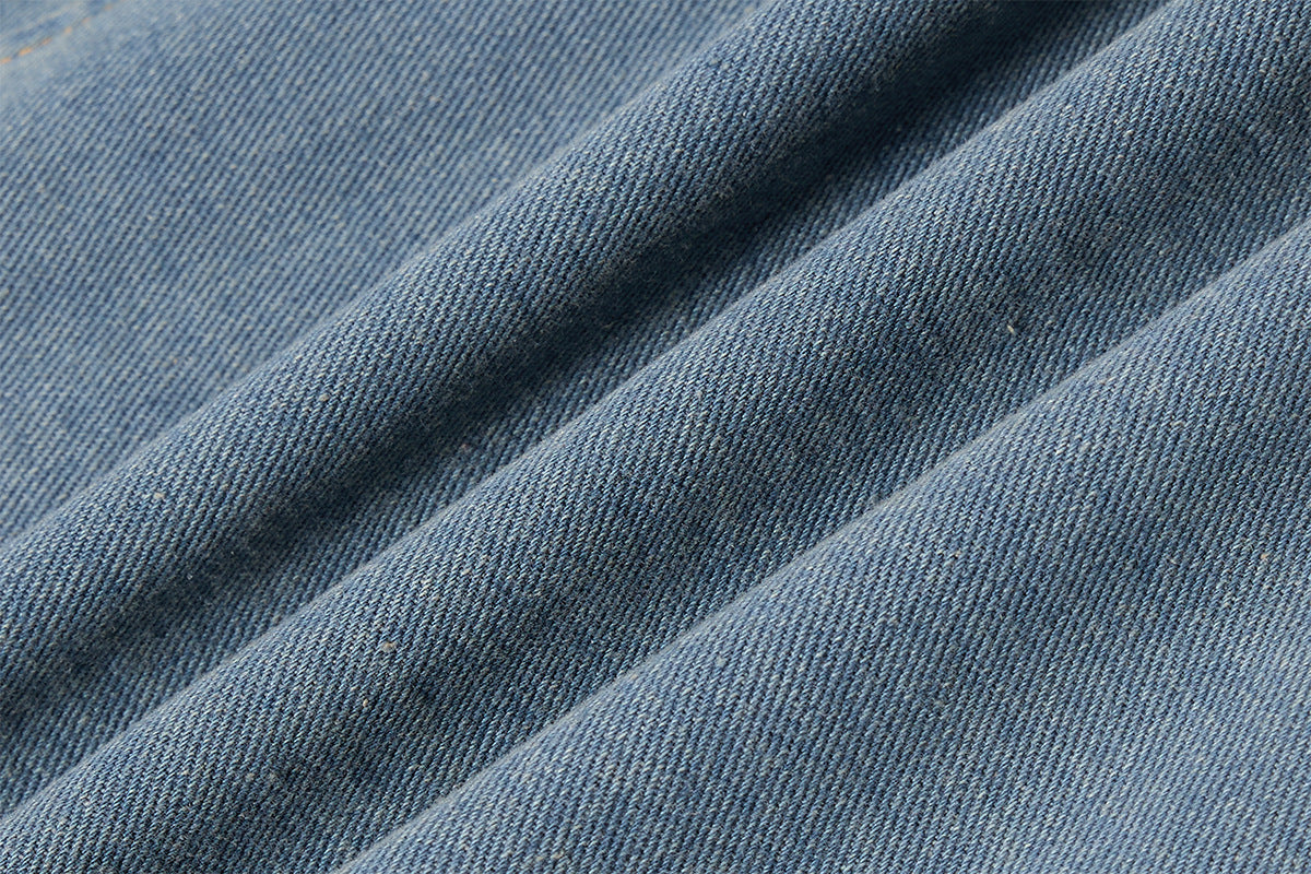 Military-Style Washed Denim Jacket – Stand Collar, Double-Breasted Button Detail
