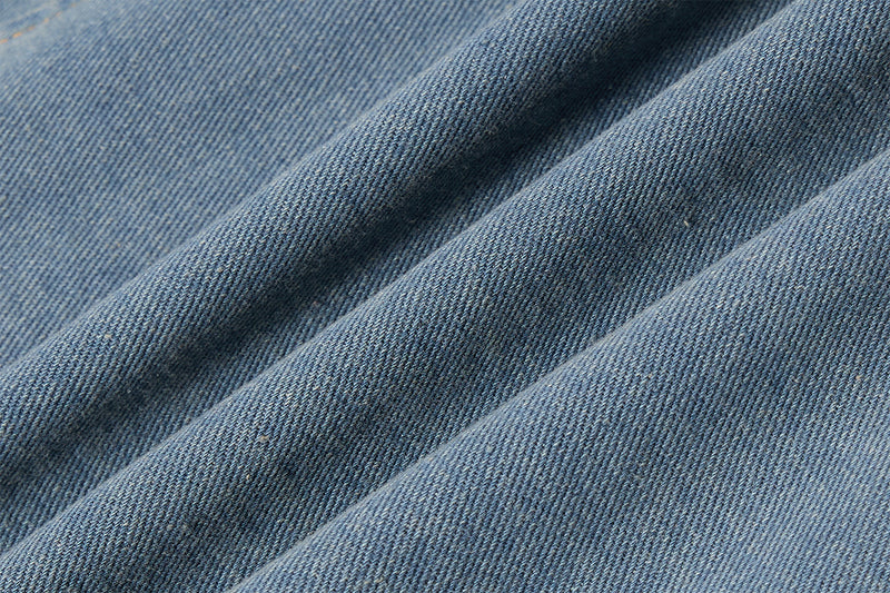 Military-Style Washed Denim Jacket – Stand Collar, Double-Breasted Button Detail