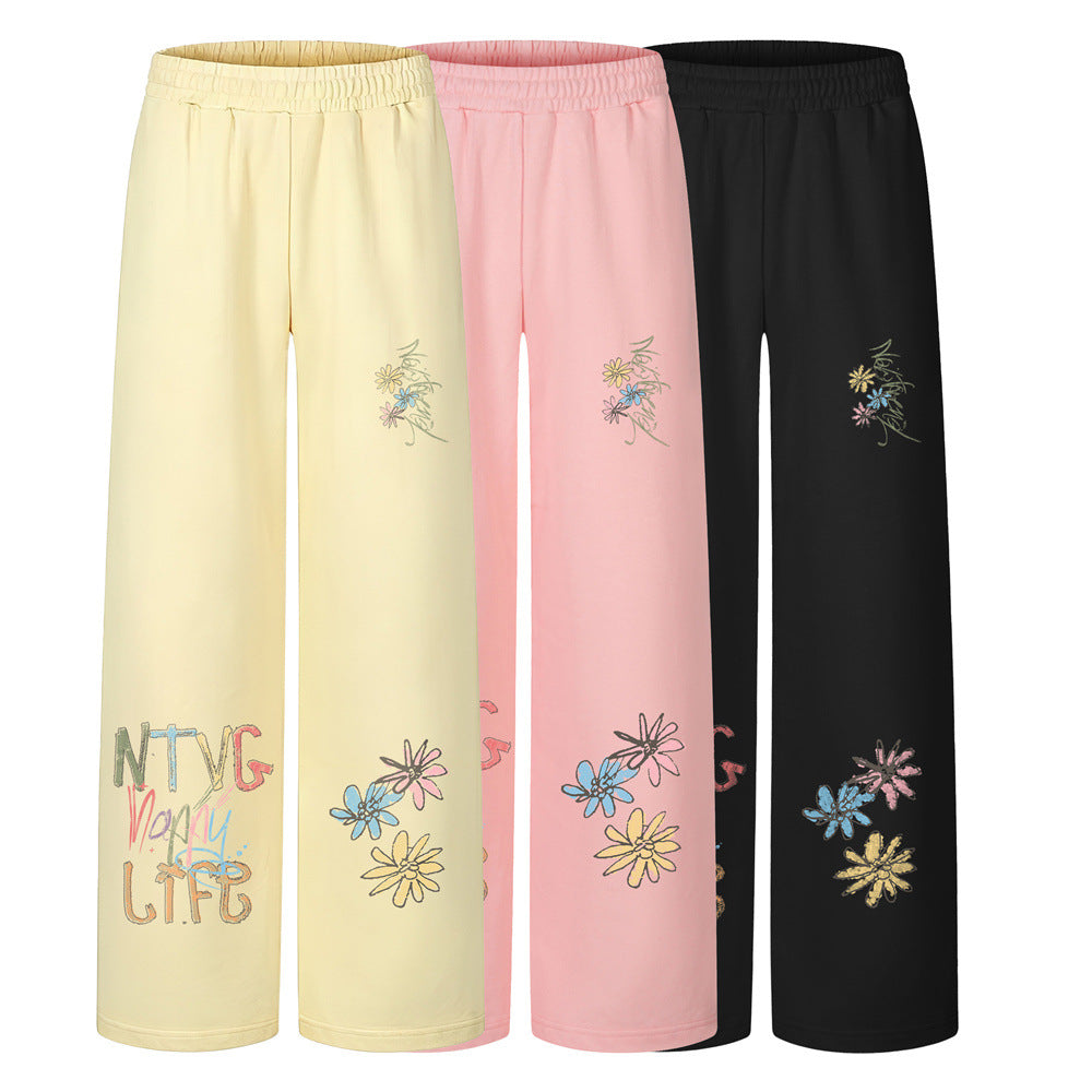 Jogginghose mit floralem Graffiti-Print, weitem Bein und elastischem Bund