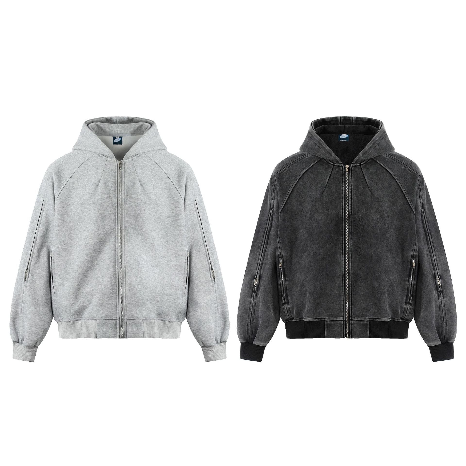 Distressed Zip Up Hoodie – Deconstructed Bomber-Style Washed Fleece Jacket