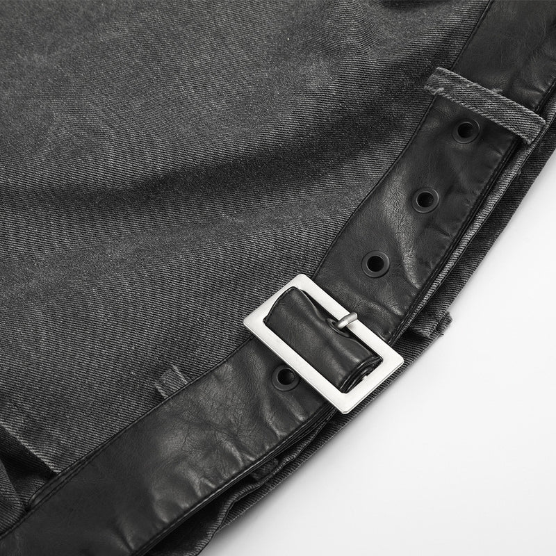 Moto-Inspired Workwear Jacket – Irregular Button Placket, Contrast Collar
