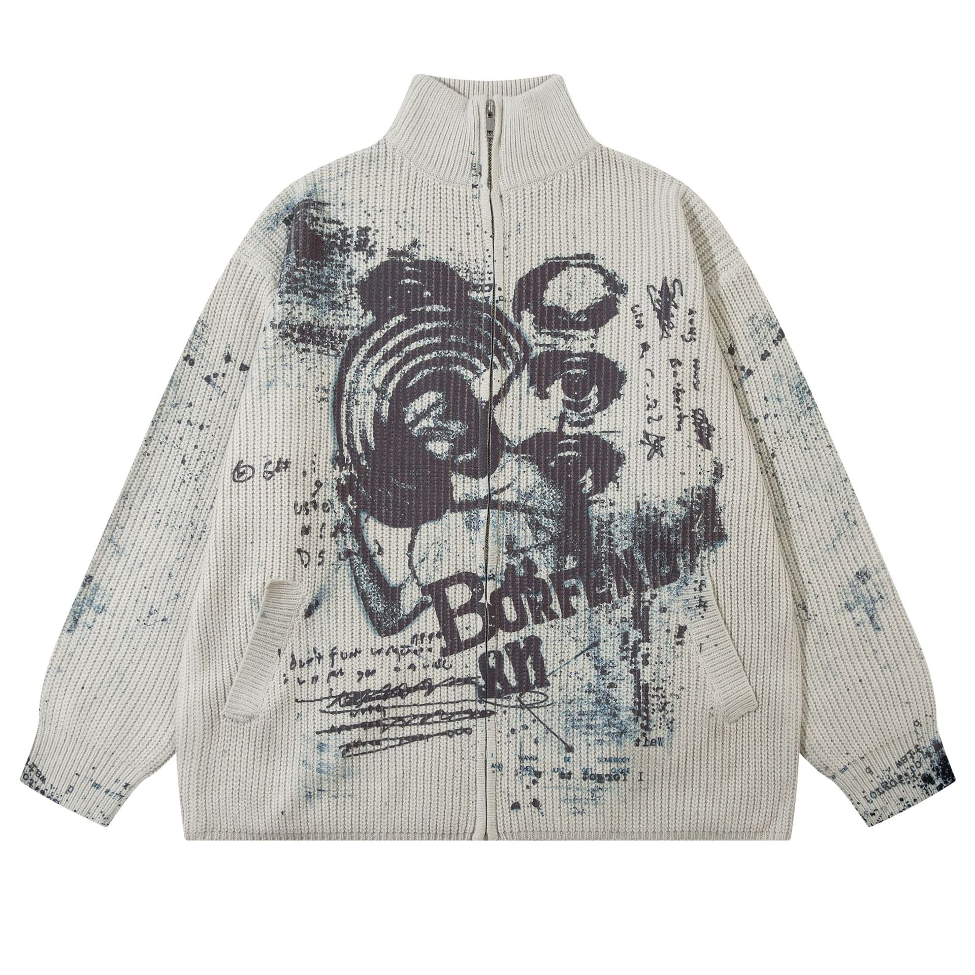 Veste pull zippée en maille imprimée ours graffiti – Col montant, éclaboussures d’encre, vintage