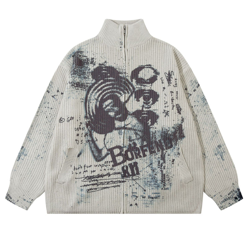Veste pull zippée en maille imprimée ours graffiti – Col montant, éclaboussures d’encre, vintage