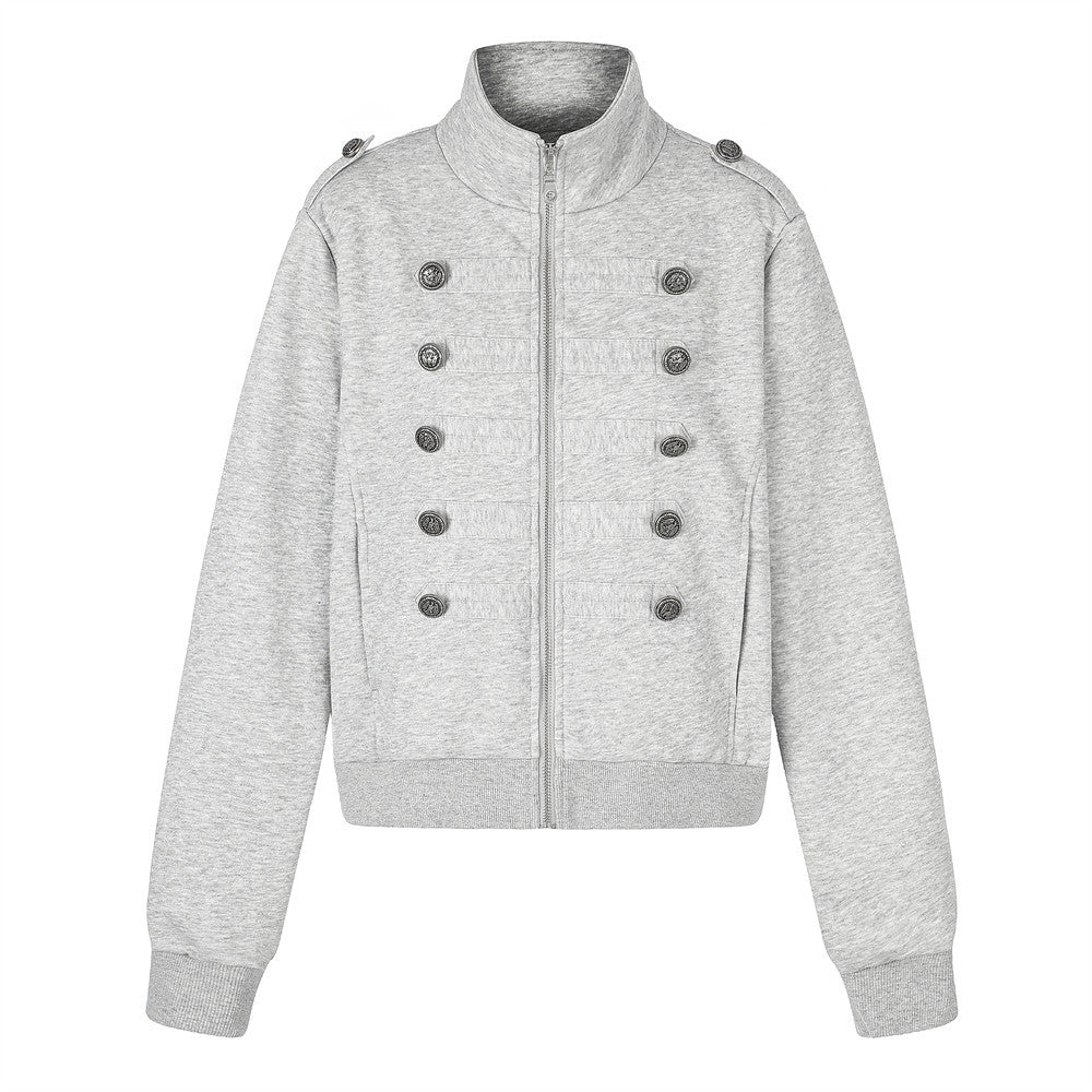 Men's Zip-Up Jacket Military Double-Breasted Stand Collar Short Bomber