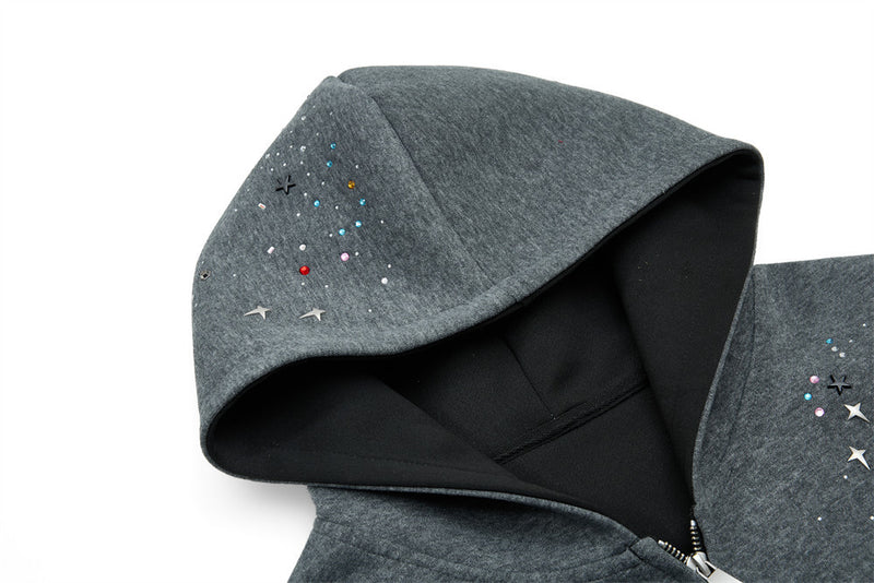 Herren-Zip-Hoodie aus Oversized-Fleece mit Strasssteinen und Galaxie-Sternen