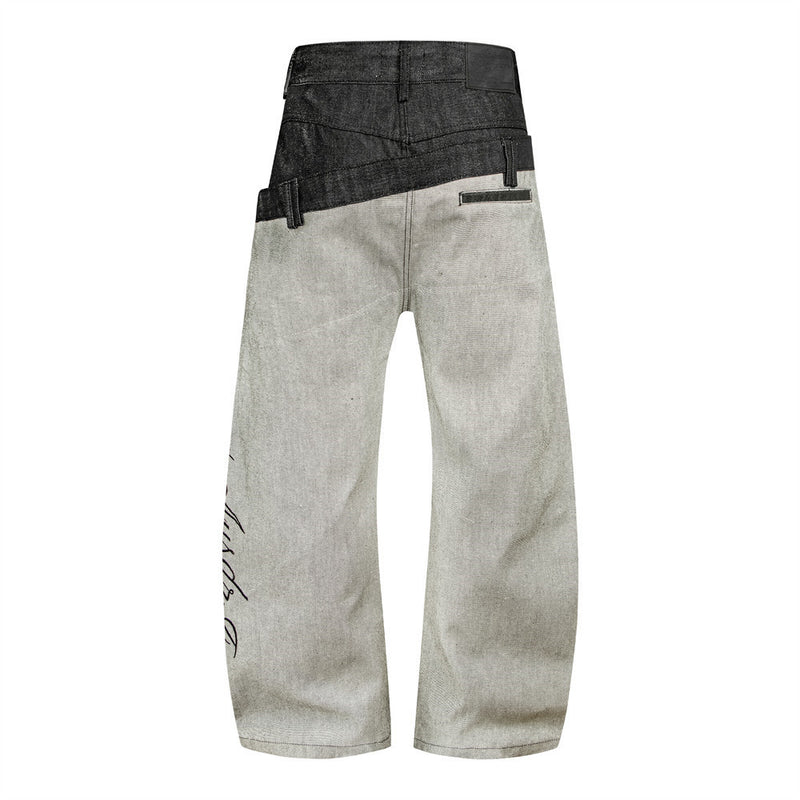 Wide-Leg-Jeans mit zweifarbigem Doppelbund – Script-Stickerei und geschwungener Saum
