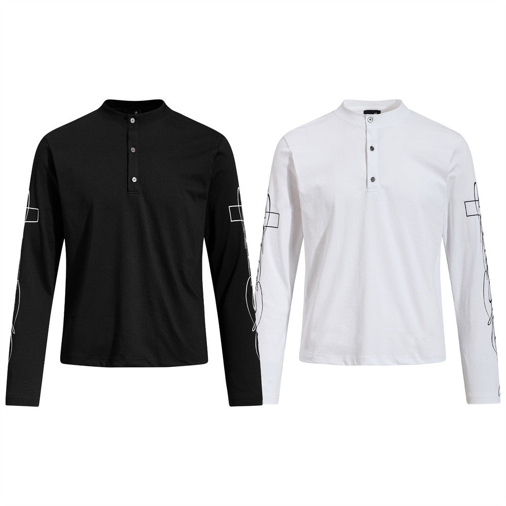 Men's Long Sleeve Henley Shirt with Cross Graffiti Sleeve Print