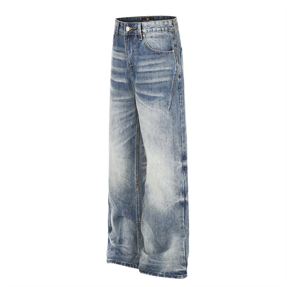 Wide-Leg Straight Jeans – Herrenjeans aus verwaschenem blauem Vintage-Denim mit Destroyed-Details