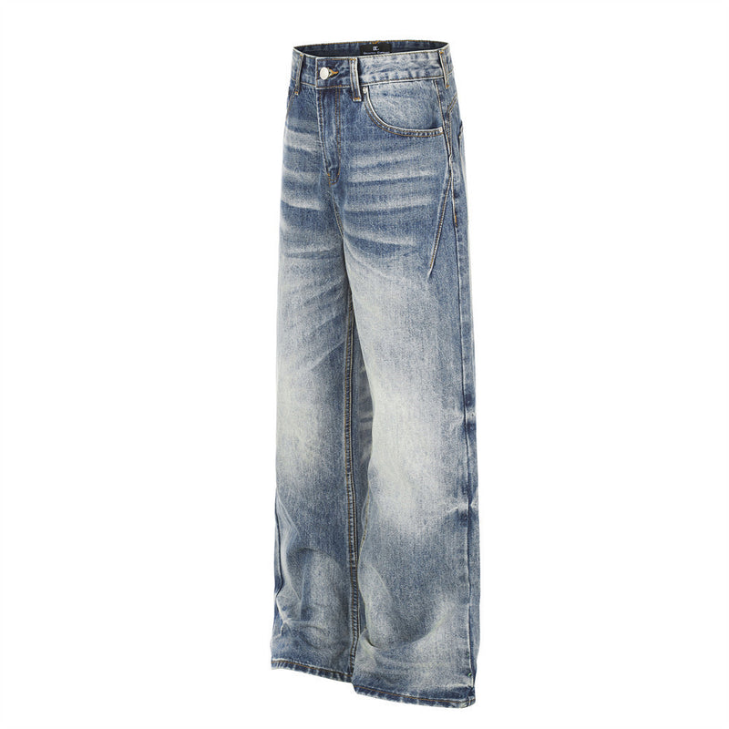 Wide-Leg Straight Jeans – Herrenjeans aus verwaschenem blauem Vintage-Denim mit Destroyed-Details