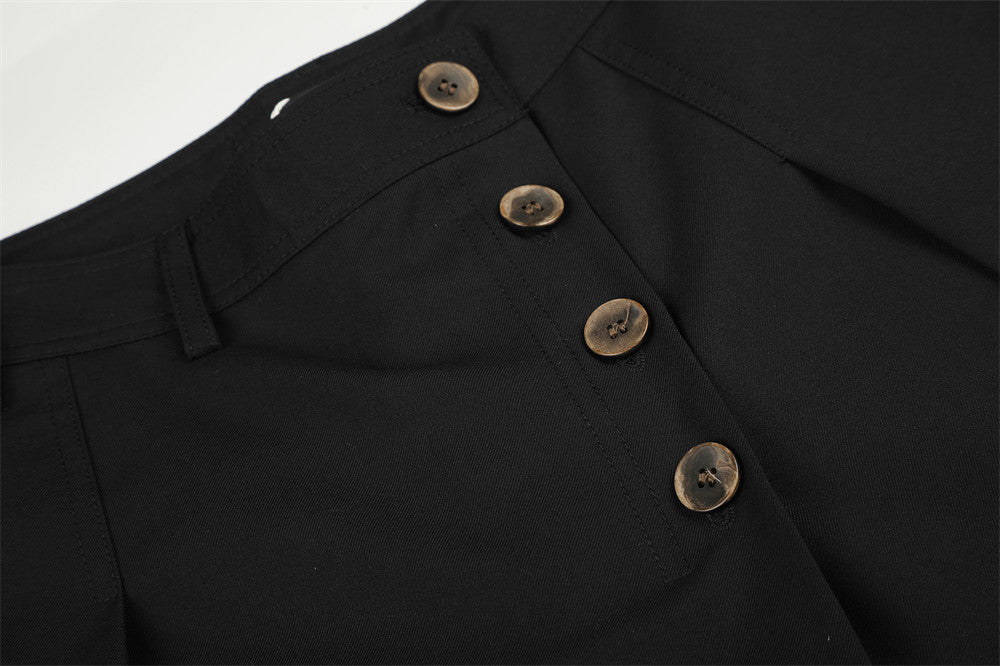 Wide-Leg Pleated Trousers with Diagonal Button Fly