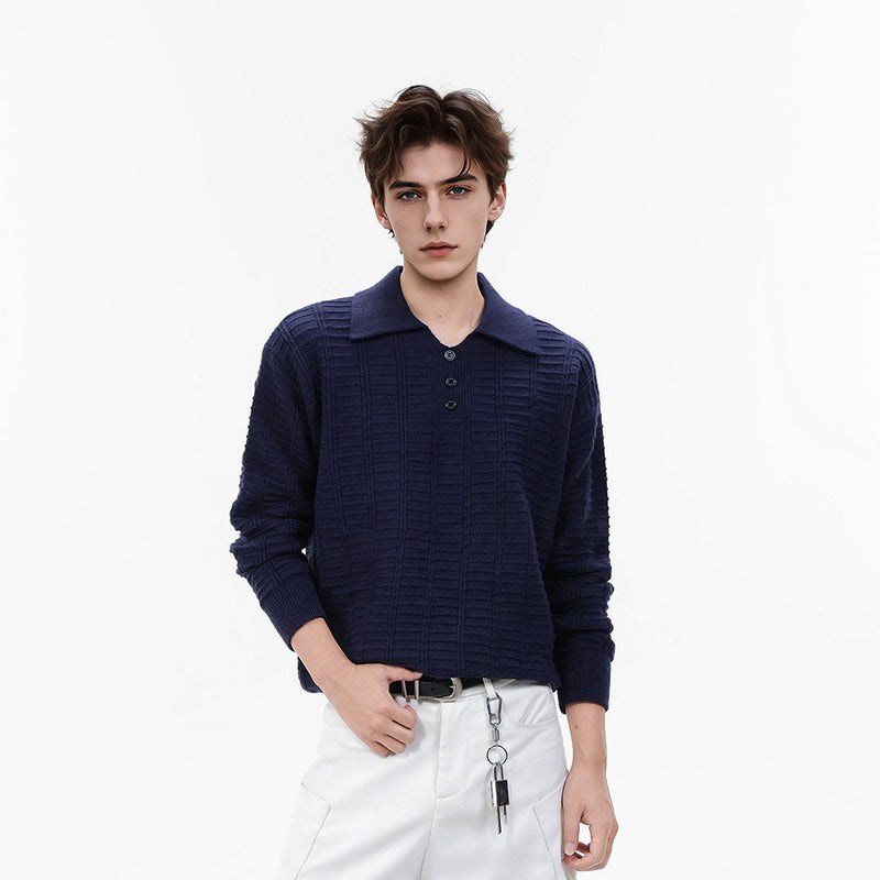 Polo-pull homme en maille texturée – Pull col boutonné à manches longues
