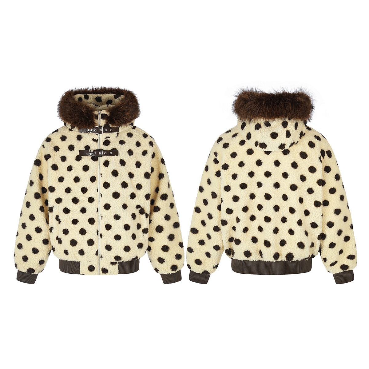 Polka Dot Sherpa Bomber Jacket with Faux Fur Hood Trim