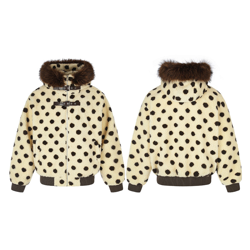 Polka Dot Sherpa Bomber Jacket with Faux Fur Hood Trim
